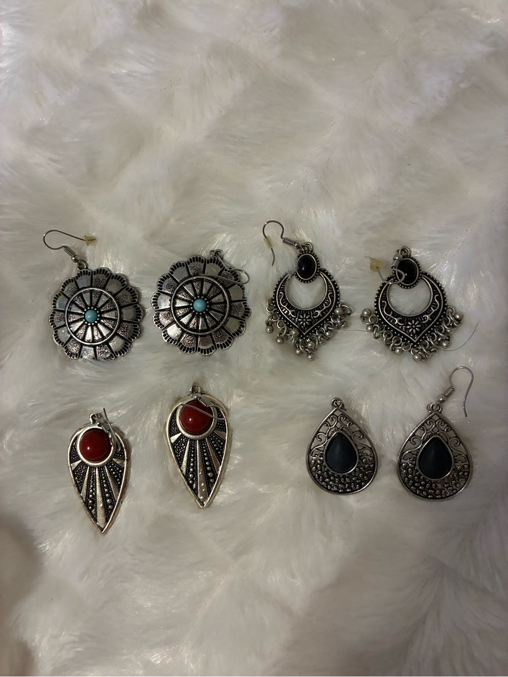 4 pair of Bohemian Silver-Tone Mixed Stone Drop Earrings - Turquoise, Red, Black